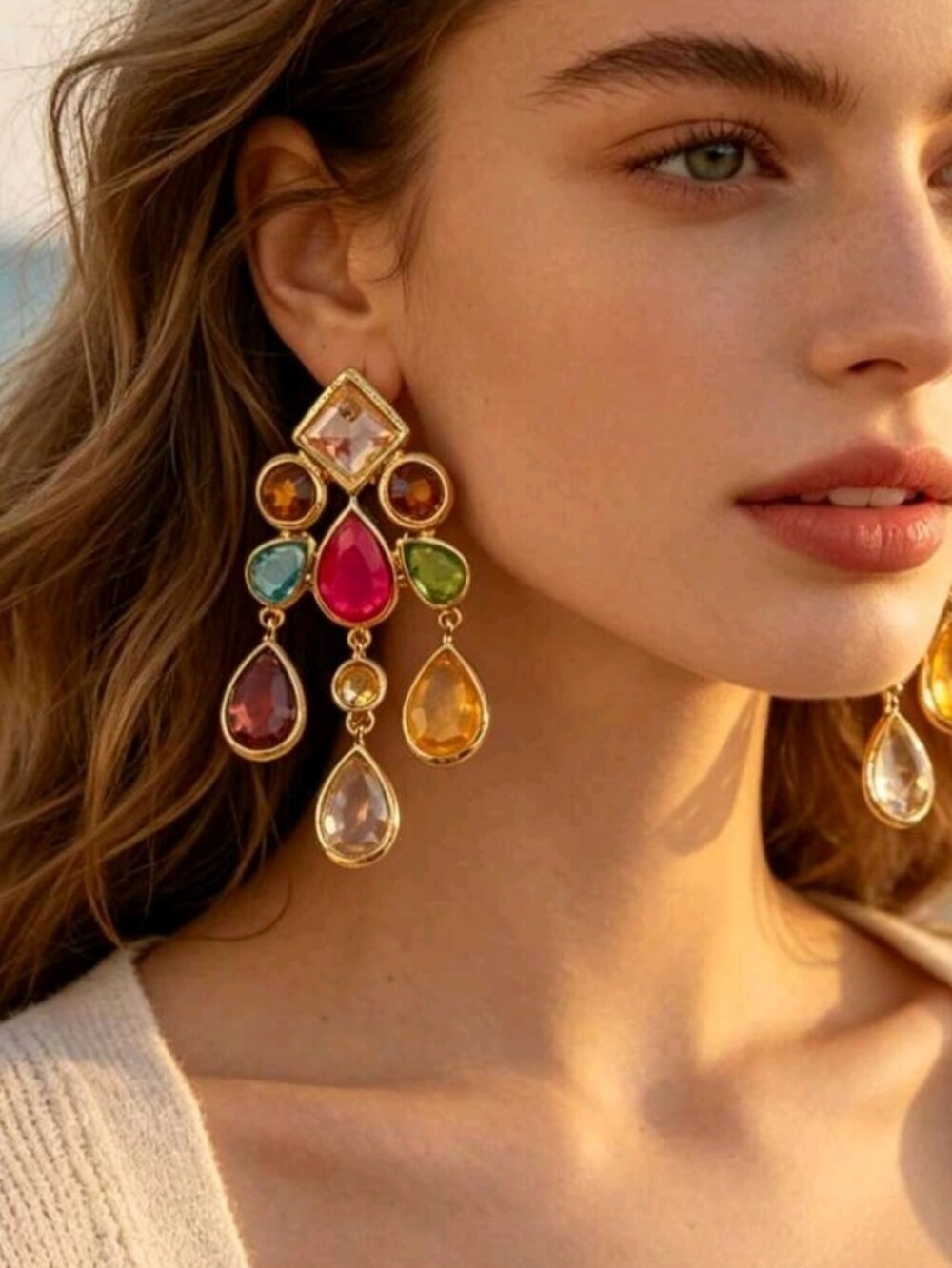 NEW! Gold Multicolor Teardrop Statement Chandelier Post Earrings - Women Jewelry
